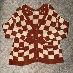 American Eagle Outfitters Orange and Cream Checkered Cardigan